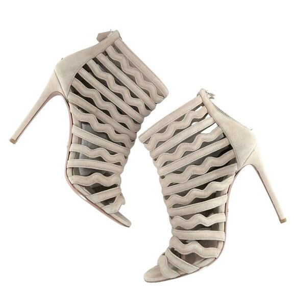 Prada Beige Suede Wavy Shootie Peep Toe Cage Heels Size 41 Neutral - Picture 4 of 9